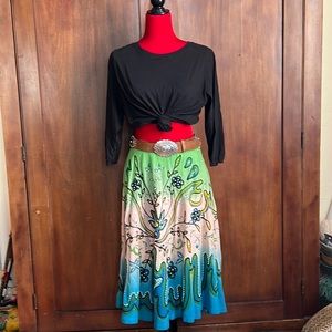 Vintage Bohemian Embroidered Sequined Linen Swing Skirt M